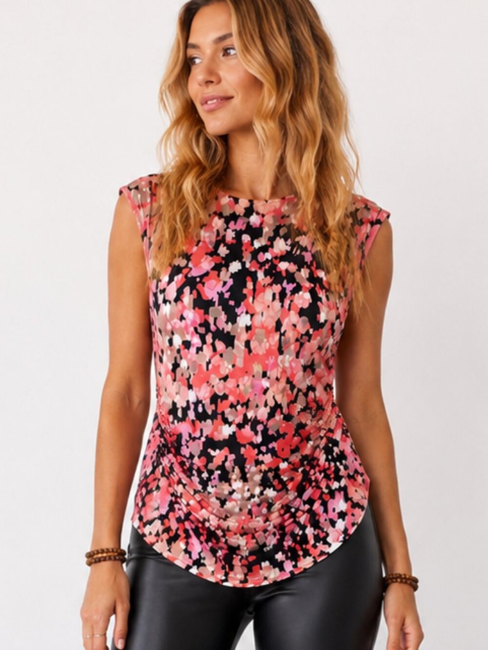 BAR III Abstract Floral Mesh Sleeveless Blouse Ruched Top Pink Black S NWT